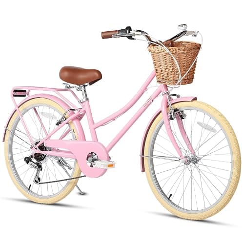 Glerc 20 24 26 Inch Beach Cruiser Bike, 6-Speed Hybrid City Bicycle for Girls Youth and Over 6 Years Old, Missy Bike with Wicker Basket & Lightweight, Multiple Colors - Image 1