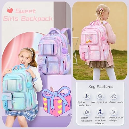 Gradient Childrens Backpacks School Bags for Girls Casual Daypacks with Plush Ball Pendant, B05-Blue thumbnail 4
