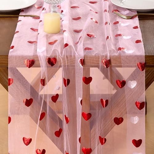 Gold Gauze Table Runner Red Heart Sheer Romantic Wedding Party Table Decor | Pink Sequin Glitter Metallic Foil 10FT Chiffon Cheesecloth Dining Wedding Birthday Baby Shower Holiday Decorations thumbnail 3