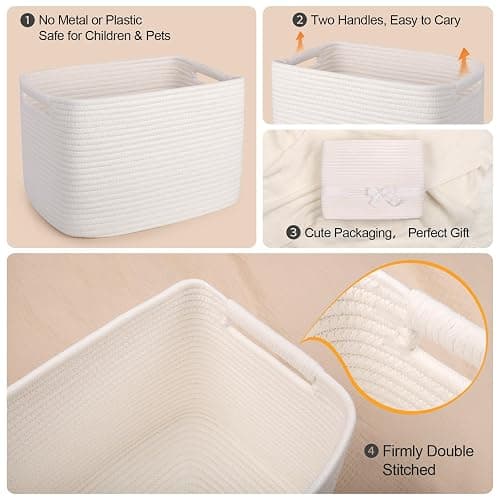MicroIdeas Woven Rope Storage Baskets for Oragnizing, Soft Toy Bin for Kids, rectangle Cotton Baby Gift Basket for Nursery, Shelves Desk Bathroom, Set of 3 Off White - 13*9.8*9in (3 Pack) - Off White thumbnail 4