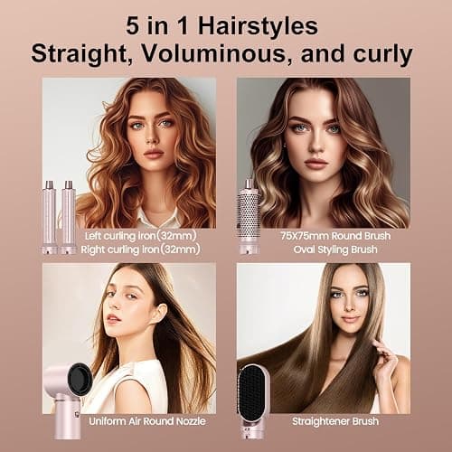 5 in 1 Hair Styler & Hair Dryer Brush, Low-Speed Negative Ionic Air Styler Drying, Multi Hair Styler, Professional Blow Dryer Brush for Curling Volumizing Straightening Styling(Pink) thumbnail 4