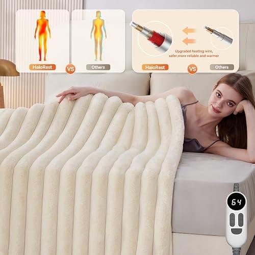 HaloRest Heated Throw Blanket, Faux Fur Cozy Electric Blanket 50''*60'' | Heating Blanket with Overheat Protection, 1/2/3/4 Hours Auto-Off 6 Heat Levels, Machine Washable(Cream White) thumbnail 3