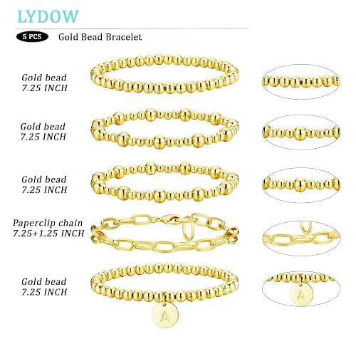Lydow Beaded Bracelets for Women, 18K Gold Plated Initial A-Z Stretch Bead Ball Stackable Bracelet with Letter Jewelry Set Gifts thumbnail 4