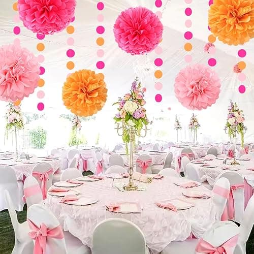 Hot-Pink Burnt-Orange Fall Party Decorations - 23pcs Birthday Baby Shower Tissue Pom Poms Streamers,Sunset Autumn Thanksgiving Tassel Garland Banner,Bridal Wedding Graduation Decor Backdrop Ouruola thumbnail 6