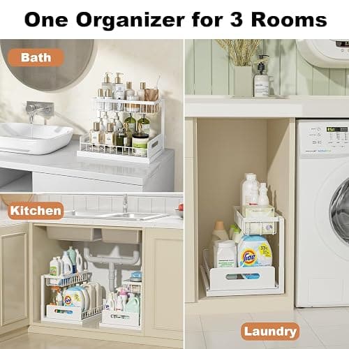 REALINN Under Sink Organizer, Pull Out Cabinet Organizer, 2 Tier Metal Slide Out Shelf with L Shaped Design for Kitchen, Bathroom, Laundry, and Utility Cabinet Storage for Deep Cabinets, White, 2 Pack thumbnail 3