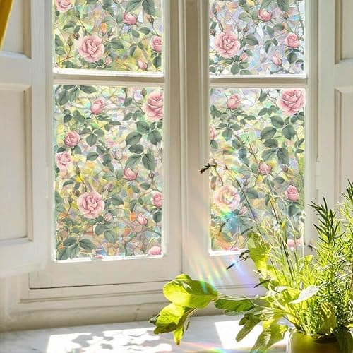 JOONOR Sichtschutzfolie mit rosafarbenen Rosen, 3D-Buntglas-Rose, Regenbogen-Fensteraufkleber, Nicht klebend, statisch haftend für Zuhause, Büro, 42 x 100 cm thumbnail 2