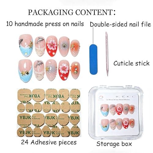 Handmade Short Almond Ocean Press On Nails,Reusable&Salon Quality(1TA12, S) | 10Pcs Daily & Party Fake Nails | Easy Apply & Remove | Tropical Ocean Style Press Ons with 3D Dolphin,Starfish,Plumeria thumbnail 5