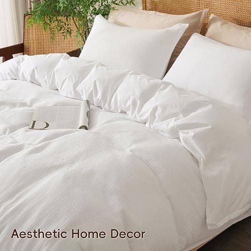 David's Home 100% Cotton Muslin Duvet Cover Set Queen Size,3 Pcs Ultra Soft Breathable & Lightweight Gauze Bedding Set with 2 Pillowcases,Textured Home Decor with Button, 90"×90" White,No Insert thumbnail 8