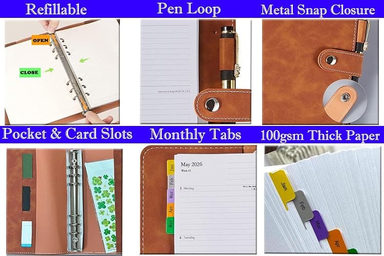 Diary 2026 Week to View A5 Refillable, Annual Monthly & Weekly Planner with Tabs, Password, Notes, Contact, UK Holiday, Pocket & Pen Loop, PU Leather Softcover, Personal Organiser, Jan.26 - Dec.26 thumbnail 4