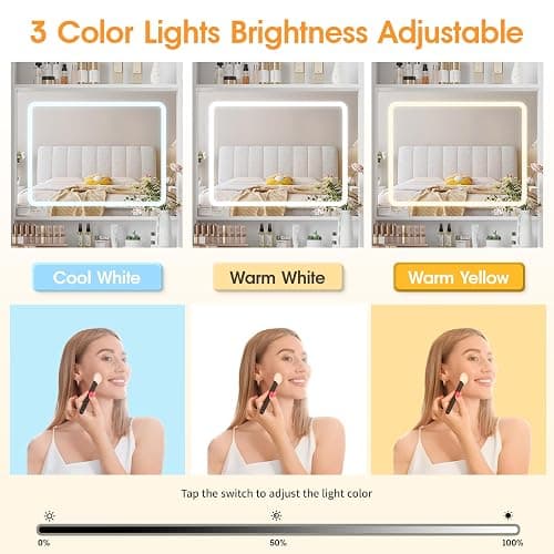 Vabches Make Up Vanity Desk with Mirror and Lights, White Vanity Table Set with Charger Station,Girls Small Vanity and Storage Chair thumbnail 5