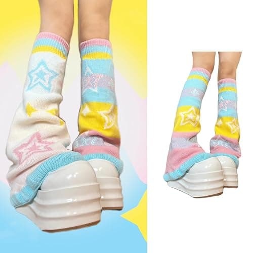 LIURONGNI Candy Color Rainbow Reversible Flared Leg Warmers with Sweet Star Pattern for Women Aesthetic Knitted Foot Covers Socks thumbnail 2