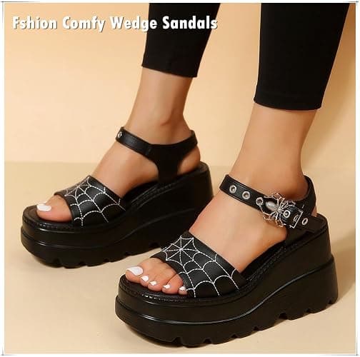 Gothniero women black platform sandals goth chunky wedge heel summer sandals girls gothic punk platform sandals for women metallic spider buckles slides size 5.5-11 thumbnail 8