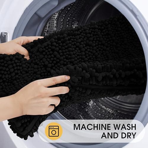 ACCUMTEK Upgrade Extra Large Black Bathroom Rug Set 3 Pieces Ultra Soft, Thick Absorbent Bath Mats, Non Slip Chenille Toilet Mat for Bathroom, Bedroom, Kitchen - 48"x20"+ 24"x17"+ U Shape 20"x24" - Black thumbnail 6