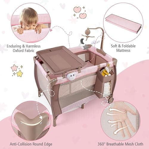 COSTWAY 3 in 1 Portable Travel Cot, Folding Baby Bassinet and Activity Playpen with Changing Table, Mattress, Music Box, Hanging Toys, Wheels and Carry Bag, Baby Crib Bed for Boys Girls (Pink) thumbnail 9