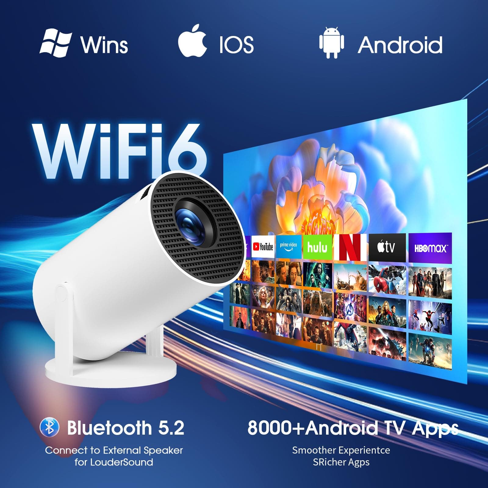 [Built-in App] Mini Projector 1080P FHD 4K Support Projector with Mouse Portable Projector with WiFi and Bluetooth 180° Adjustable Auto Keystone HDMI/TV Stick/PS5/Laptop, with HDMI Cable & Mouse thumbnail 5