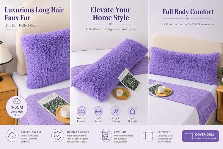 Reafort Luxury Faux Fur Body Pillow Cover 21" x 54", Long Hair PV Plush Body Pillow Case with Hidden Zipper Closure, Ultra Soft Fluffy Decorative Long Pillow Cover (Lilac, Body) thumbnail 9