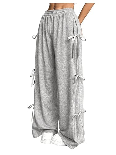 Verdusa Women's Bow Wide Leg Sweatpants Elastic Waist Casual Baggy Pants with Pocket - Medium - Light Grey