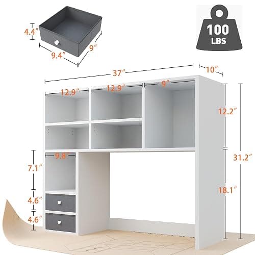 REIBII Desktop Bookshelf, High-Capacity Desk Hutch Organizer with 8 Shelves and 2 Drawers, Adjustable 5-Tier Bookshelf Storage, Home Office Desktop Shelf Stand, Collage Dorm Desk, White thumbnail 2
