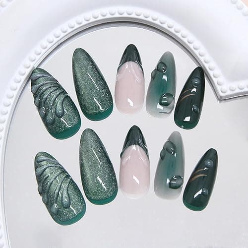 24Pcs Green Press on Nails Medium Almond Fake Nails with 3D Green Ripple Design Handmade Press on French Nails Tips Leaves Pattern Full Cover Glossy Y2k Reusable DIY Nails for Women Nail thumbnail 4