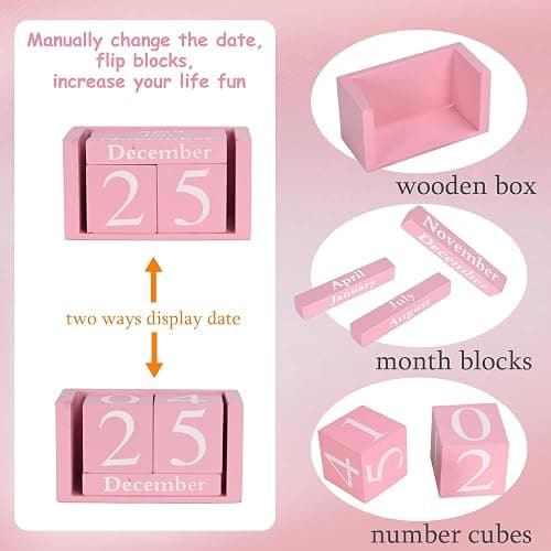 MICKYU Perpetual Wooden Desk Calendar - Pink Farmhouse Decor Block Calendar for Office, Home & Gifts - Reusable Daily Date Display thumbnail 4