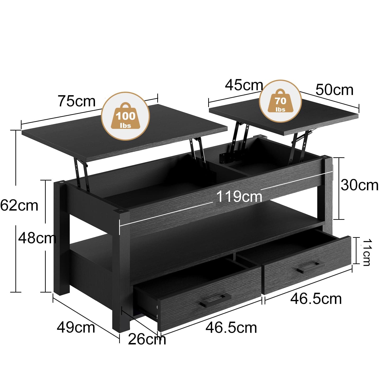 FABATO Mesa de Centro para Sala - De Madera con Doble Elevación - 2 cajones de Almacenamiento - Varilla de Estrés - Ideal como Mesa para Cafe o Mesa Auxiliar (Negro) - Negro thumbnail 3