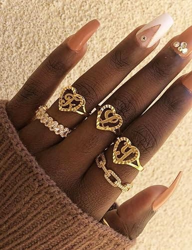 RLMOON Gold Initial Rings for Women Vintage Initial Heart Love Rings Non Tarnish 14K Gold Plated Personalized Carved Letter Statement Stacking Rings Size 6-10 Jewelry Gifts - Gold C - 7 thumbnail 2