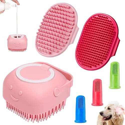 Comotech 6PCS Dog Bath Brush & Dog Toothbrush | Adjustable Handle Shampoo Brush & Scrubber for Short & Long Haired Dogs & Cats | Effectively Solve Odor & Stain Removal Problems (Pink Red Pink) - Image 1