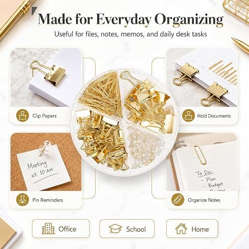 CREECHWA Gold Paper Binder and Clips Set, Metal Assorted Sized Binders with Push Pins, Cute Office Supplies, Teacher Desk Must Haves, Desk Accessories thumbnail 6