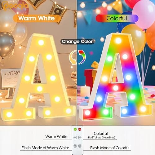 Pooqla LED Light Up Letters, Warm White and Colorful Lighted Marquee Letters with Remote, Lighted Letter for Party Birthday Decorations, Gift for Girls Boys Night Light, Wedding Home Decor, Letter A thumbnail 3