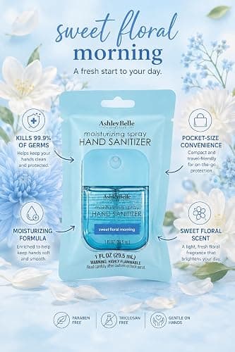 AshleyBelle Moisturizing Spray Hand Sanitizer Variety Pack – Sweet Floral Morning, Rose Lychee, Lemon Sugar Blossom & Blueberry Freesia – Travel Size Pocket Hand Sanitizer Spray, 1 FL OZ Each, 4 Pack thumbnail 2