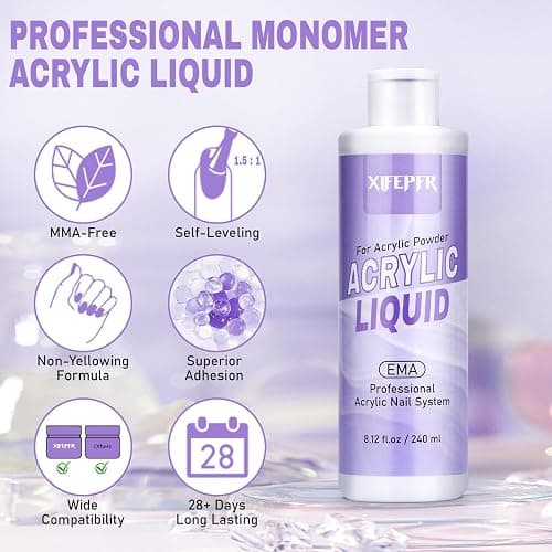 XIFEPFR Monomer Acrylic Nail Liquid 8.12fl.oz with 3 Size Acrylic Brushes for Acrylic Powder, MMA-Free Non-Yellowing EMA Monomer Liquid for Acrylic Nail Extension & Carving, DIY Home & Nail Salon Use thumbnail 2