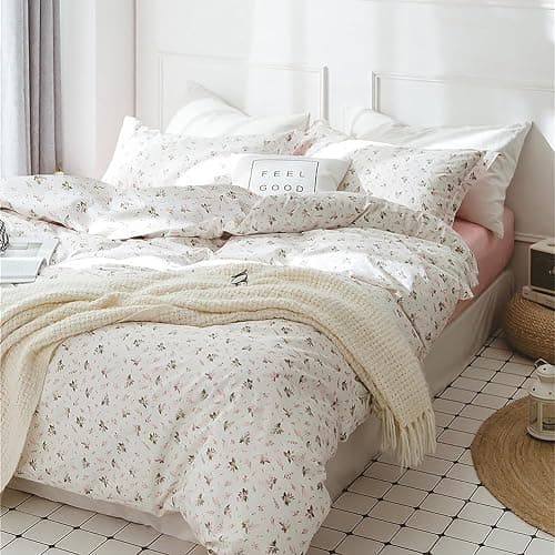 mixinni Girl Floral Full Size Comforter Pink White Flower Leaf Print Bedding Sets, Cute Floral Bedding Comforter Sets for All Seasons-(1 Comforter+2 Pillow Shams)-Full Size thumbnail 3