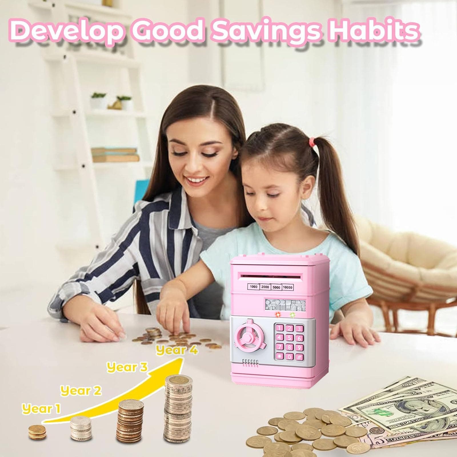 Piggy Bank, Cute Electronic Coin Money Bank for for Kids, Cash Coin Can ATM Bank for Kids 3-7,Auto Scroll Paper Money Saving Box with Password for Real Money Christmas Birthday Gifts (Pink) thumbnail 3