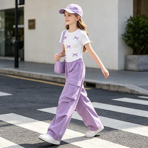 Zylvae Girls 2 Piece Clothes Cute Bow Decoration T-Shirt Top + Cargo Pants Teen Girl 2pcs Outfit Set, Size 8-13 Years thumbnail 3