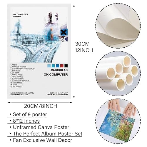 UJBVCX 9PCS Radiohead Album Cover, Music Poster, Ästhetische Leinwand-Wandkunst, Schlafzimmer-Dekor Posters, für Teenager Schlafzimmer Raumdekoration Ungerahmt thumbnail 3