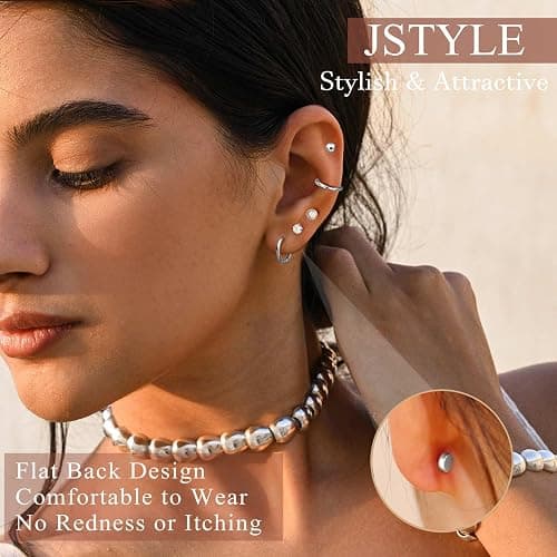 Jstyle Hypoallergenic Flat Back Stud Earrings for Women Men Surgical Stainless Steel Earrings for Sensitive Ears Small Stud Hoop Silver Gold Black Earrings Cartilage Earring Set for Multiple Piercing thumbnail 2