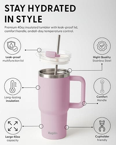 Keplin 40 oz / 1200 ml Insulated Travel Tumbler – Double Wall Stainless Steel Cup with Leak-Proof Lid, Thermal Flask Keeps Drinks Hot & Cold, Dishwasher Safe, Fits Car Cup Holders - Cream Pink thumbnail 4