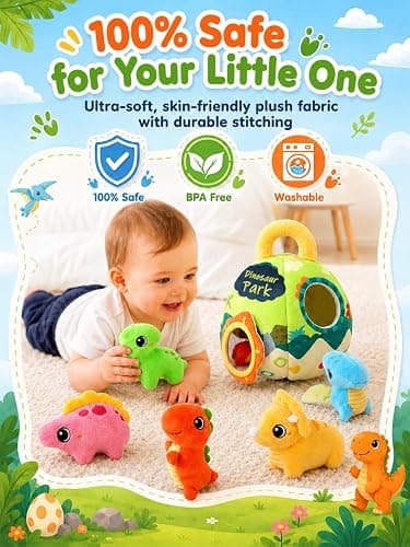 Baby Toys 6-12 Months - Soft Baby Stuffed Dinosaur with 5 Sensory Dinos | Rattle, Crinkle Paper, Squeaker, Mirror, Montessori Plush Toys for Toddlers 0-3 Years Old - Christmas Birthday Gift thumbnail 6