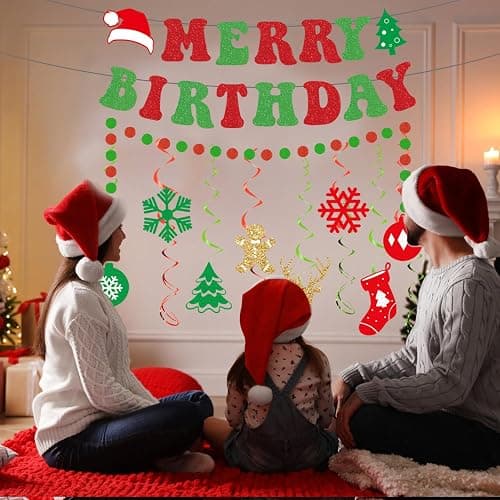 Gameza Christmas Birthday Decorations, 15PCS Glittery Merry Birthday Banners Hanging Swirls Decor, Xmas Happy Bday Party Decor for Girls Boys thumbnail 2