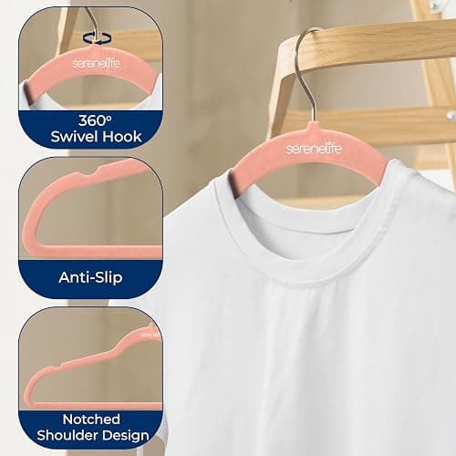 SereneLife Velvet Hangers – 50 Pack, Slim & Space Saving for Closets | Soft velvet grip prevents slipping on silk, satin & knitwear – 360° swivel hook fits all standard closet rods thumbnail 5