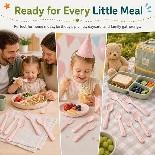 Muulaii 12 Pcs Kids Forks and Spoons, Plastic Kids Utensils Set, Pink | BPA free, Dishwasher Safe, PP Material, Brightly Colored, Easy to Grip, Sized for School Lunch Box, Fits from 2 Years Old thumbnail 8