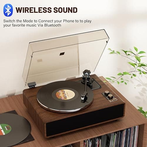 FEKTIK Vinyl Record Player with Magnetic Cartridge and Built-in Speakers | Belt-drive turntable with 33/45 RPM playback, Bluetooth playback, aux input, adjustable counterweight,auto off thumbnail 2