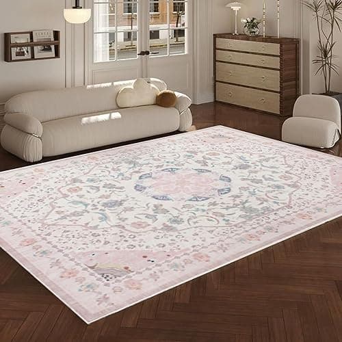 auruge Area Rug - Vintage 5x7 Non-Slip Backing Area Rugs Light Pink Soft Faux Wool Carpet Foldable & Machine Washable Rugs for Living Room Bedroom Dining Room Nursery Home Office - 5'x7' - Pink thumbnail 8