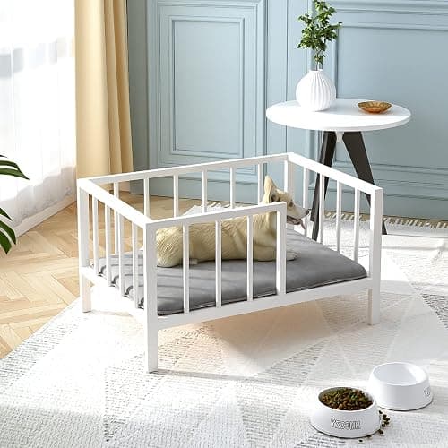 OSCHF Dog Bed with Rails - Elevated Pet Metal Bed Frame with Solid Wood Board and Washable Soft Mat for Small Dog Indoor or Outdoor Use, 21.3" x 30 ", White - Image 1