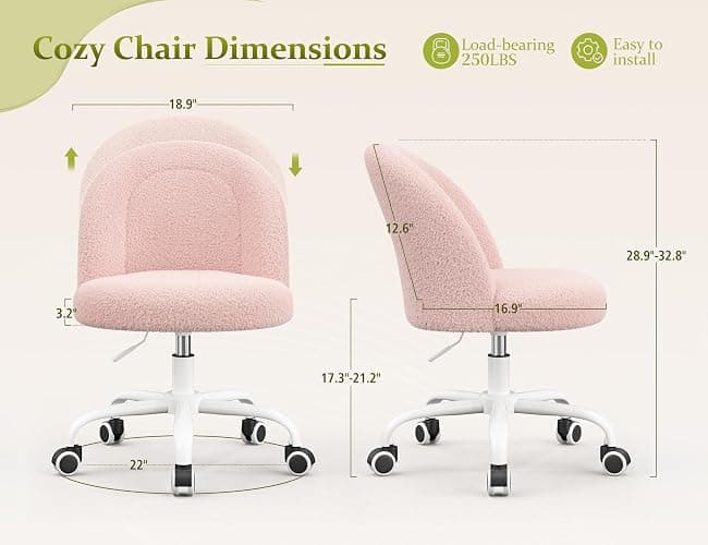 DurayLoly Vanity Chair with Back, Cute Desk Chair with Wheels, Armless Office Chair Height Adjustable, Soft Lumbar Support for Small Space, Bedroom, Gentle Pink thumbnail 2