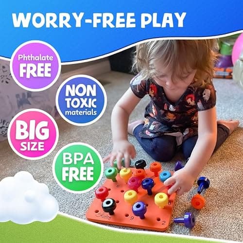 Skoolzy Peg Board Set - Montessori Toys for 2 Year Old - 33 Pc Peg Board for Kids - Occupational Therapy Toys with Pegs, Dice, Lacing String & Storage Bag - Montessori Toys for 2+ Year Old - 1. Peg Set with Foam Board (33 pc) thumbnail 5