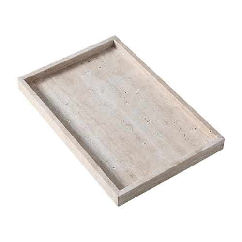 Natural Travertine Rectangular Decorative Tray 15"x10" – Stone Serving Tray | Non-slip bottom. Use on coffee bar, kitchen island, or vanity. Holds 2-3 cups. Each piece is unique. - Image 1
