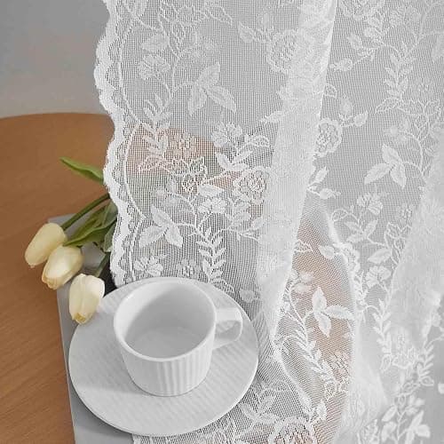 FINECITY White Lace Curtains 84 Inches Long for Living Room, Rustic Leaf Floral Window Lace Curtain Panels, Rod Pocket Vintage Privacy Sheer Lace Curtains, 42 x 84 Inch, 2 Panels, White - Image 1