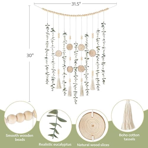 Dahey Hanging Artificial Plant Eucalyptus Wall Decor 31'' Wooden Bead Garland with Fake Greenery Leaves Boho Rustic Farmhouse Wall Art for Living Dining Room Bathroom Bedroom Kitchen Decoration thumbnail 3