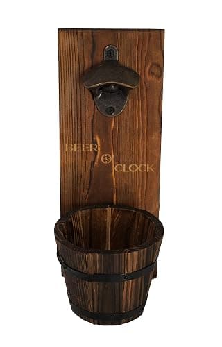 Thirsty Solutions - “Beer O’ Clock” Rustic Wall Mounted Bottle Opener and Catcher - Dark Stain Pine with Zinc Alloy Opener - Removable Wooden Bucket - Man (or Woman) Cave Ready - Image 1